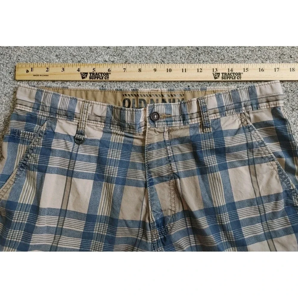 Old Navy Y2K Plaid Chino Shorts Men's 33 Summer Flat Front Blue Beige Stripes